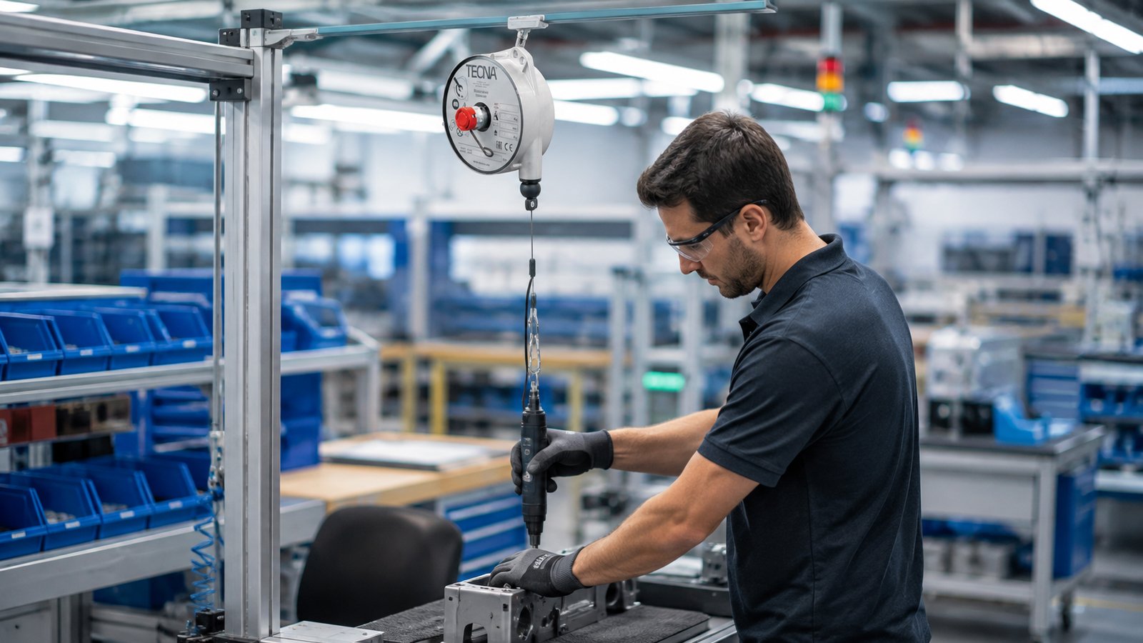 Tecna tool balancer suspending a pneumatic assembly tool at a workstation